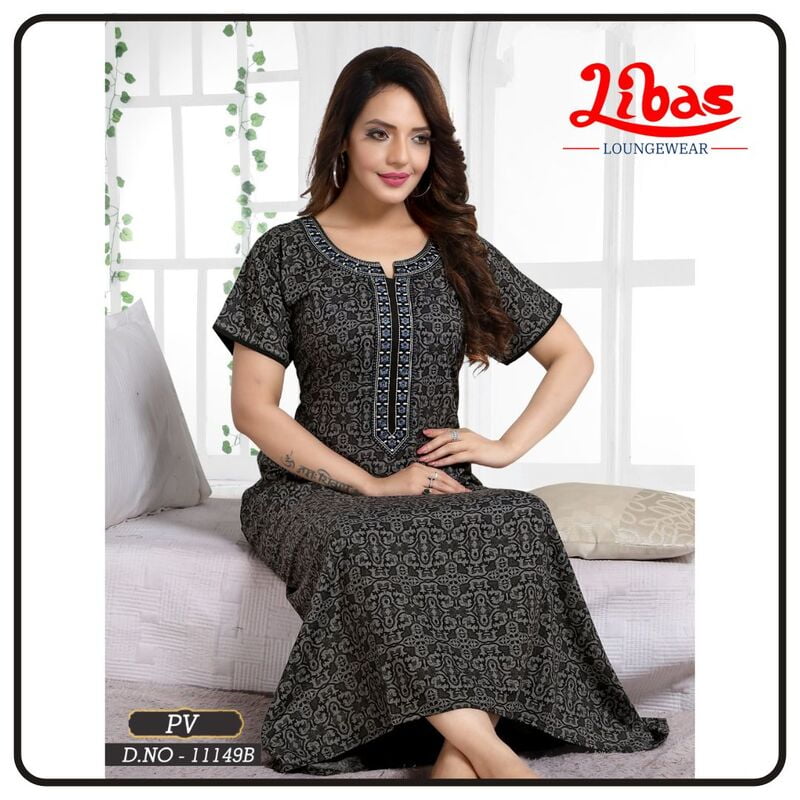 Barossa Black PV Nighty With Embroidery & Block Print All Over From Libas Loungewear - AL764