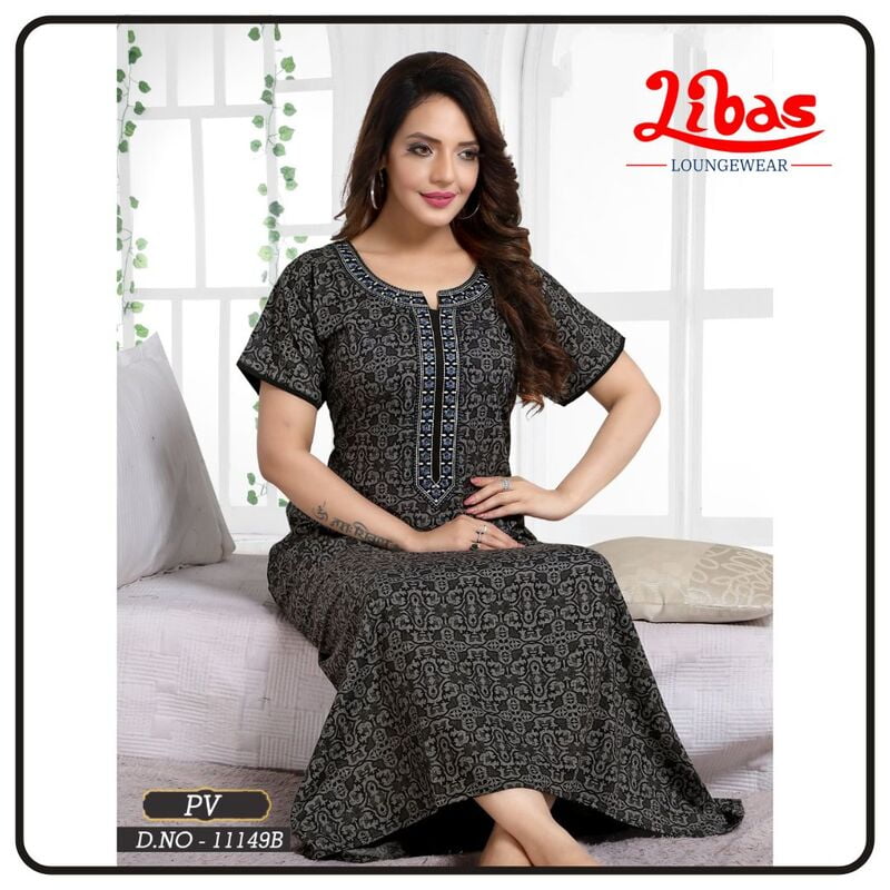 Barossa Black PV Nighty With Embroidery & Block Print All Over From Libas Loungewear - AL764 Barossa Black PV Nighty With Embroidery & Block Print All Over From Libas Loungewear - AL764