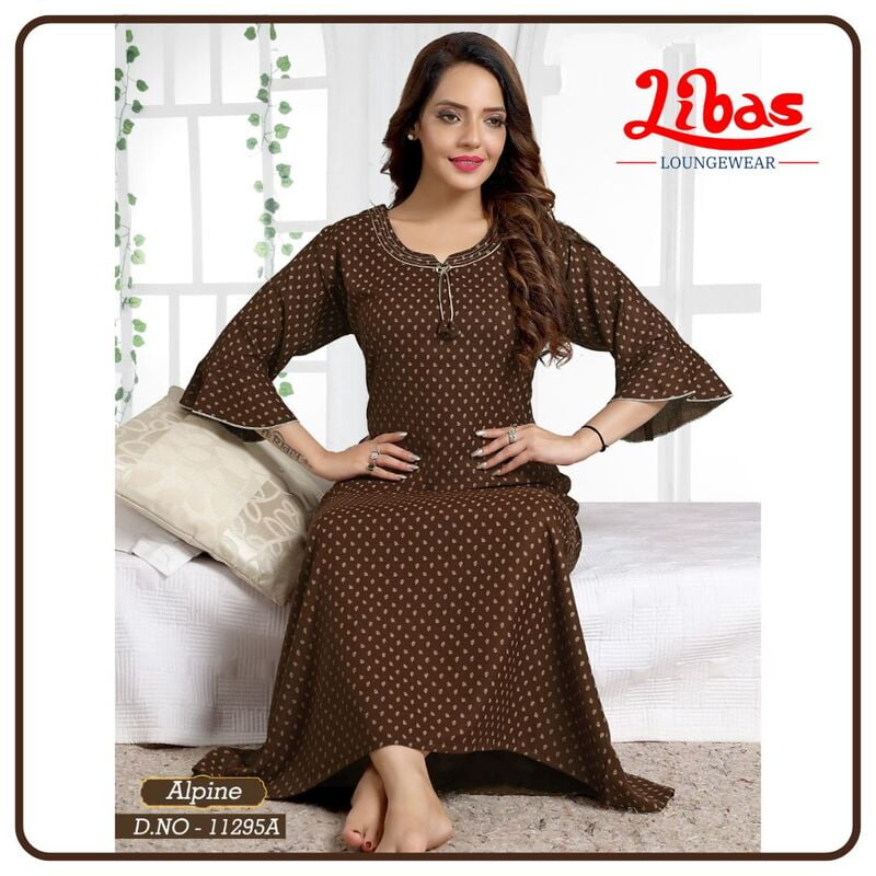 Morocco Brown Spun Cotton Long Sleeve Nighty With Tiny Leaf Print