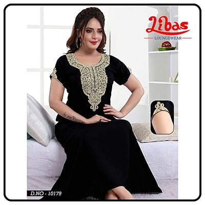 Russian Black Bizi Lizi Plain Embroidery Nighty From Libas Loungewear - EN155