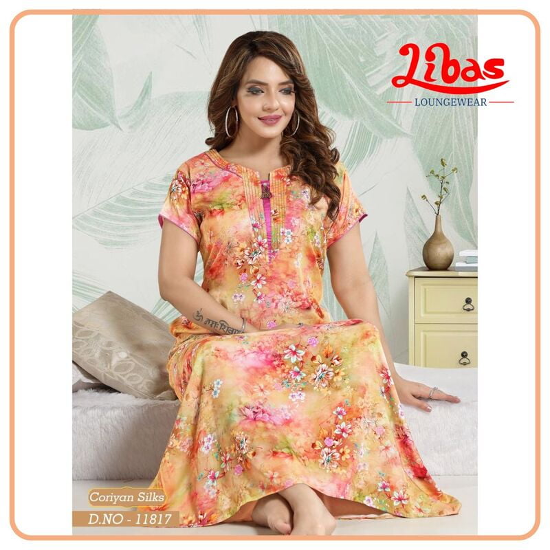 Salmon Sunset Celebrity Nighy With Floral Design All Over From Libas Loungewear - CN015 Salmon Sunset Celebrity Nighy With Floral Design All Over From Libas Loungewear - CN015