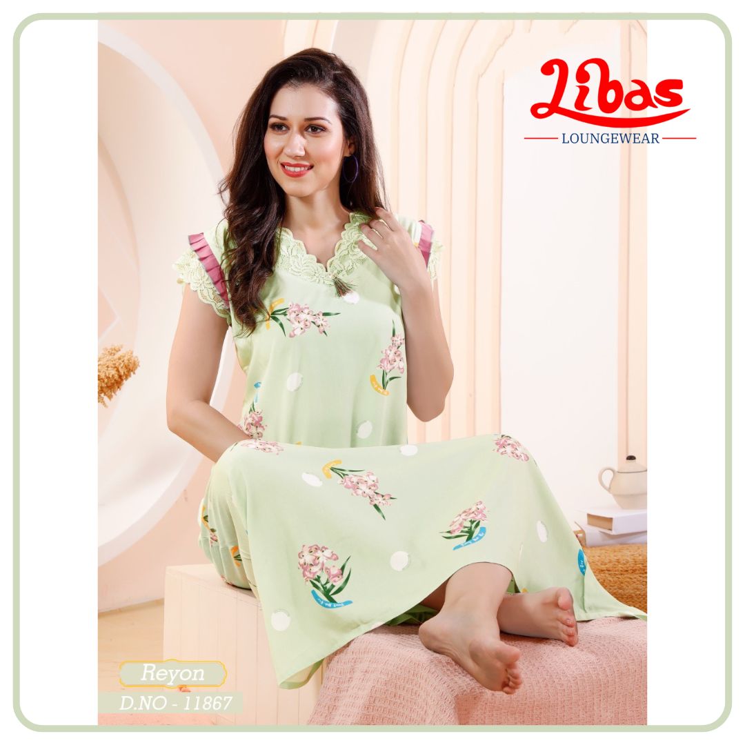 Pista Green Premium Rayon Sleeveless Nighty With Tiny Floral Print From Libas Loungewear - SL091