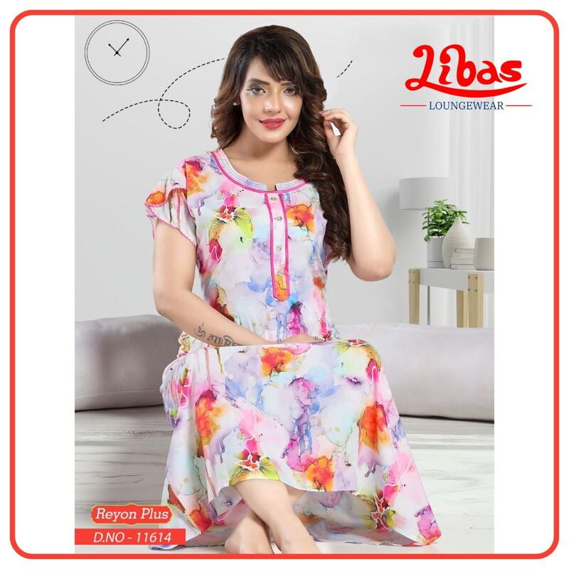 Creamy White Premium Rayon Plus Nighty With Geometric Print All Over From Libas Loungewear - AL936