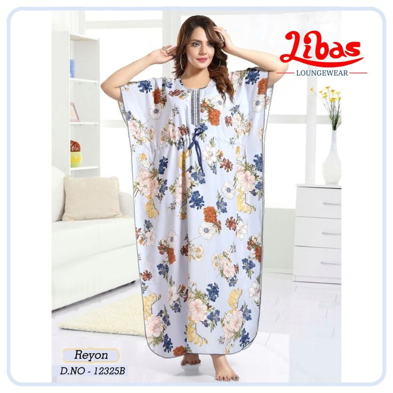 Hawkes Blue Premium Rayon Kaftan Nighty With Floral Design All Over From Libas Loungewear - KF369