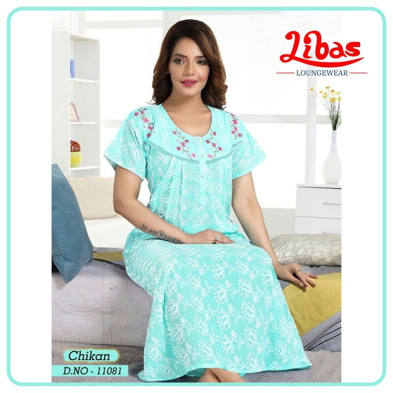 Maya Blue EMB Celebrity Soft Cotton Nighy With Button Closure Design From Libas Loungewear - CN019 Maya Blue EMB Celebrity Soft Cotton Nighy With Button Closure Design From Libas Loungewear - CN019