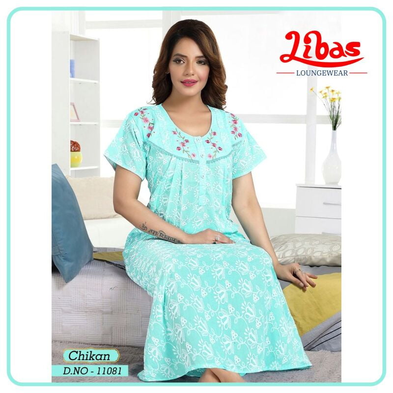 Maya Blue EMB Celebrity Soft Cotton Nighy With Button Closure Design From Libas Loungewear - CN019