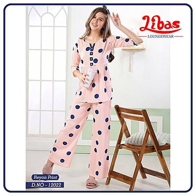 Baby Pink & Blue Imported Rayon Women Night Suit With Palazzo Style From Libas Loungewear - FPS140