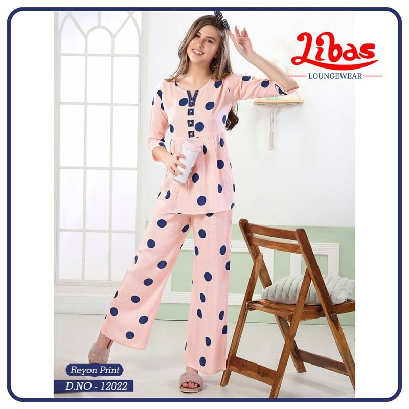Baby Pink & Blue Imported Rayon Women Night Suit With Palazzo Style From Libas Loungewear - FPS140