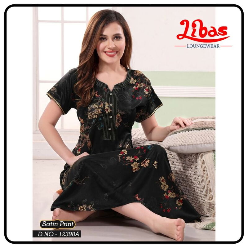 Russian Black Premium Satin Nighty With Floral Print All Over From Libas Loungewear - ST085