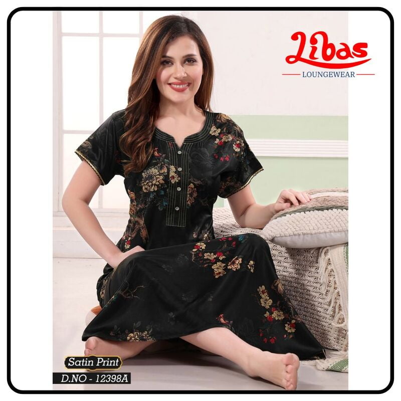 Russian Black Premium Satin Nighty With Floral Print All Over From Libas  Loungewear - ST085-2XL