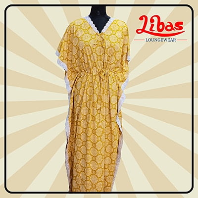 Yellow Cotton Kaftan Nighty With Floral Design From Libas Loungewear - KF376
