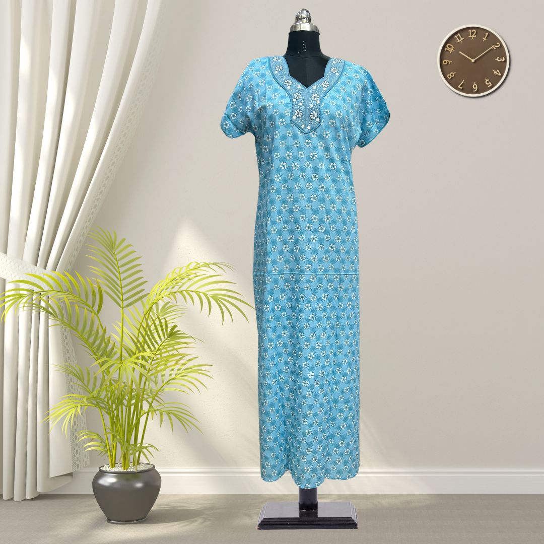 Blue Soft Cotton Nighty With All Over From Libas Loungewear - AL1111