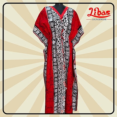 Reddish Cotton Kaftan Nighty With Floral Design From Libas Loungewear - KF387 Reddish Cotton Kaftan Nighty With Floral Design From Libas Loungewear - KF387