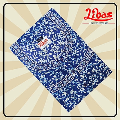 Depths Sea Blue Premium Cotton Pleated Nighty With Geometric Print From Libas Loungewear - PS463