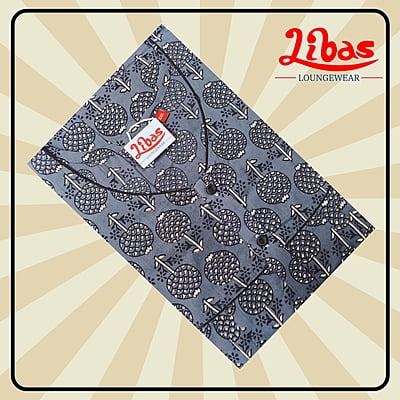 Folkstone Grey Premium Cotton Pleated Nighty With Geometric Print From Libas Loungewear - PS464