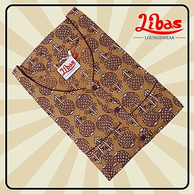 Crazy Horse Brown Premium Cotton Pleated Nighty With Geometric Print From Libas Loungewear - PS465