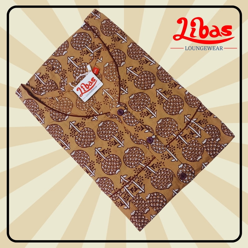 Crazy Horse Brown Premium Cotton Pleated Nighty With Geometric Print From Libas Loungewear - PS465 Crazy Horse Brown Premium Cotton Pleated Nighty With Geometric Print From Libas Loungewear - PS465