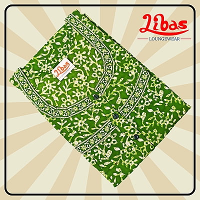 Tatzelwurm Green Premium Cotton Pleated Nighty With Geometric Print From Libas Loungewear - PS466