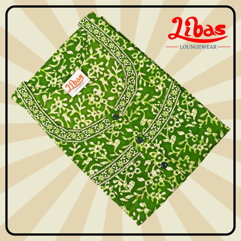 Tatzelwurm Green Premium Cotton Pleated Nighty With Geometric Print From Libas Loungewear - PS466 Tatzelwurm Green Premium Cotton Pleated Nighty With Geometric Print From Libas Loungewear - PS466