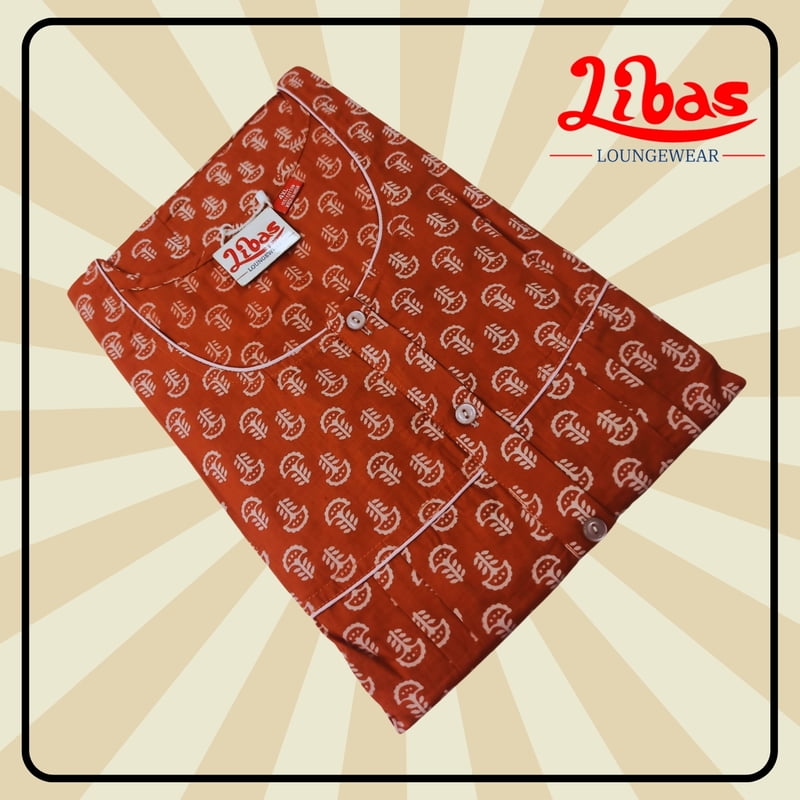 Minotaurus Brown Premium Cotton Pleated Nighty With Geometric Print From Libas Loungewear - PS468 Minotaurus Brown Premium Cotton Pleated Nighty With Geometric Print From Libas Loungewear - PS468