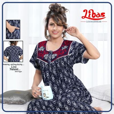 Navy Russian Blue Premium Braso Nighty With Geometric Print All Over From Libas Loungewear - PS367