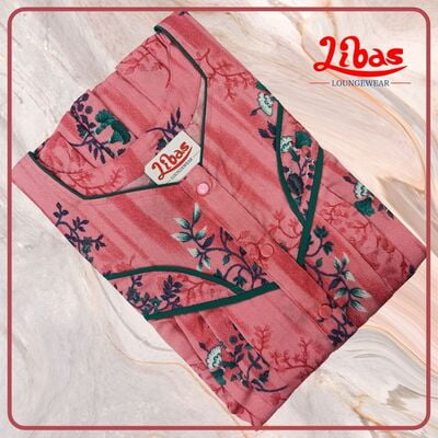 Charm Pink Pleated Spun Cotton Nighty Floral Print With Button Closure From Libas Loungewear -PLT155