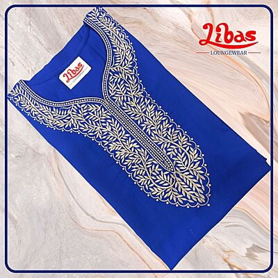 Egyptian Blue Bizi Lizi Plain Embroidery Nighty From Libas Loungewear - EN106