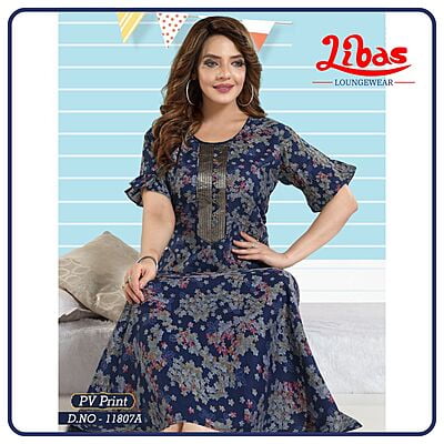 Midnight Express P.V Nighty With Tiny Floral & Bell Sleeves Design From Libas Loungewear - PS481
