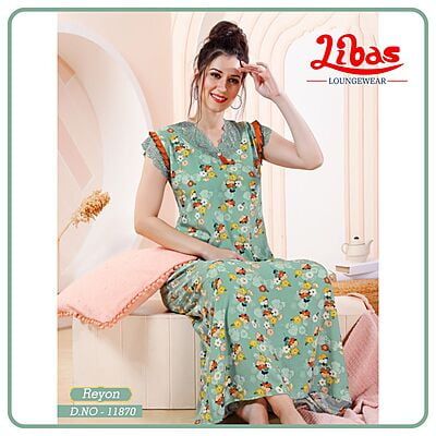 Sage Green Premium Rayon Sleeveless Nighty With Tiny Floral Print From Libas Loungewear - SL088