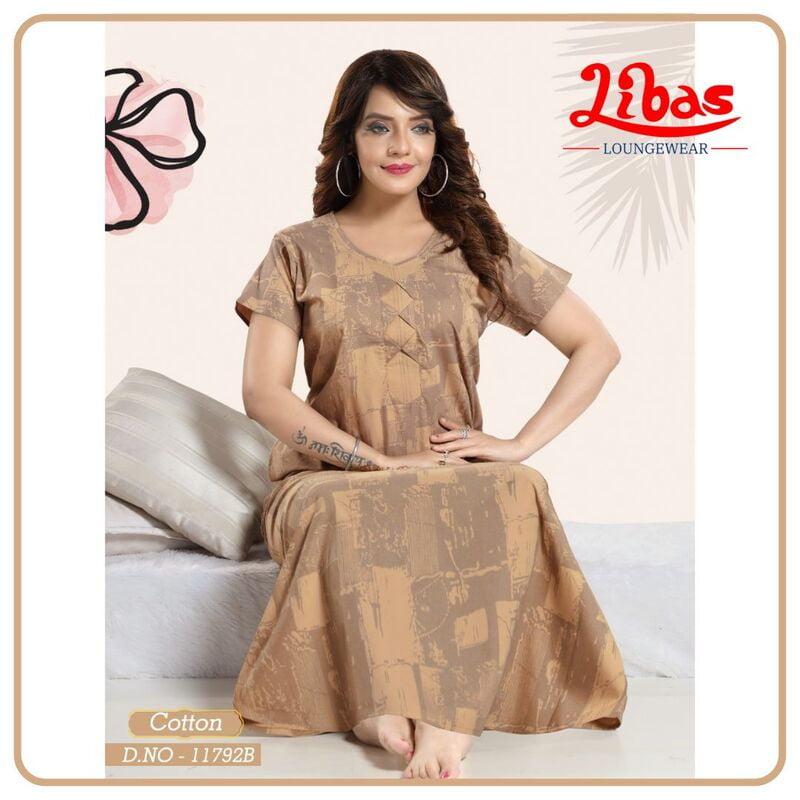Cameo Premium Cotton Nighty With Self Geometric Design All Over From Libas Loungewear - AL872 Cameo Premium Cotton Nighty With Self Geometric Design All Over From Libas Loungewear - AL872