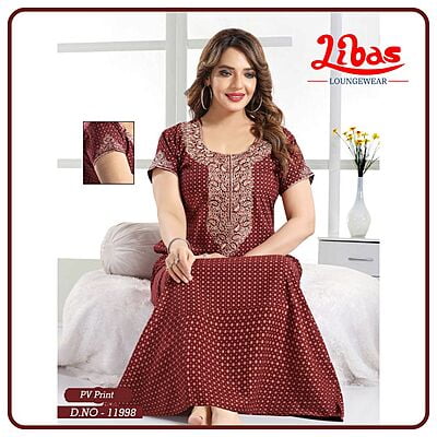 Falu Red Bizi Lizi Printed Embroidery Nighty From Libas Loungewear - EN164