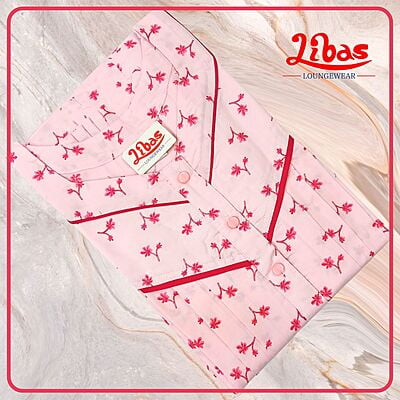 Baby Pink & Cerise Bizi Lizi Nighty With Tiny Floral Print All Over From Libas Loungewear - PLT247