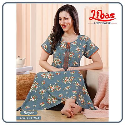 Grey Bayoux Premium Rayon Nighty With TIny Floral Design All Over From Libas Loungewear - AL919