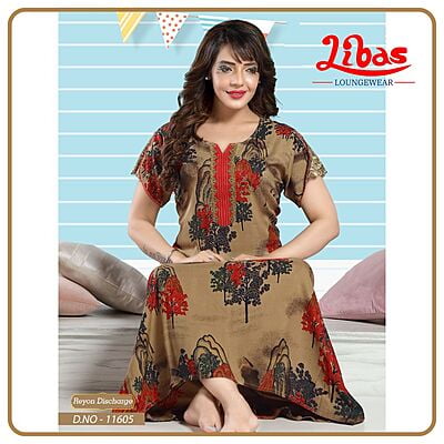 Peru Tan & Red Premium Rayon Nighty With Leafy Prints All Over From Libas Loungewear - PS513