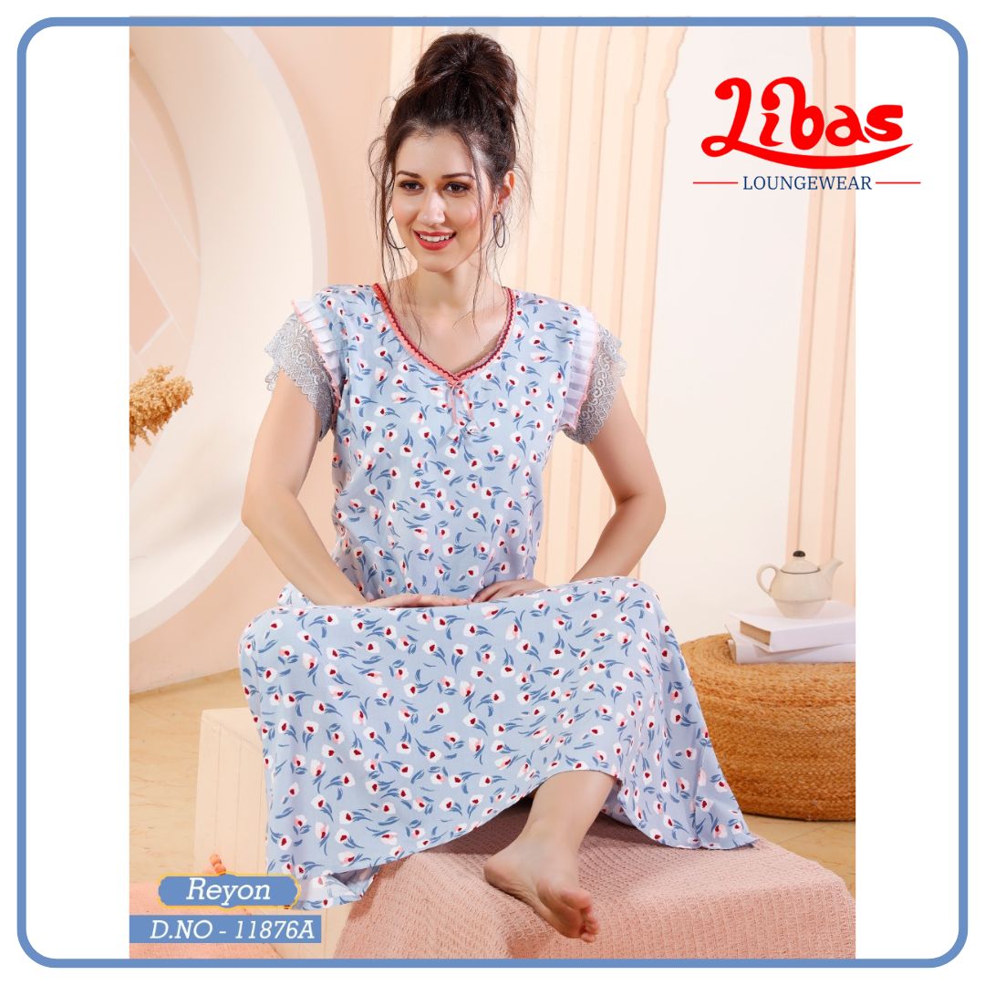 Sky Blue Premium Rayon Sleeveless Nighty With Tiny Floral Print From Libas Loungewear - SL092