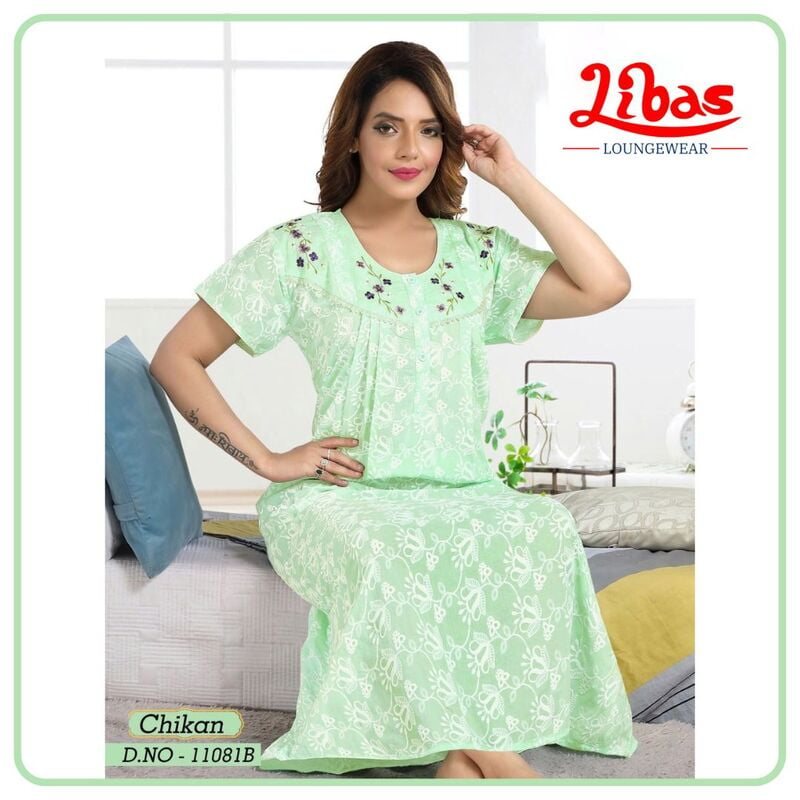 Pista Green EMB Celebrity Soft Cotton Nighy With Button Closure Design From Libas Loungewear - CN018