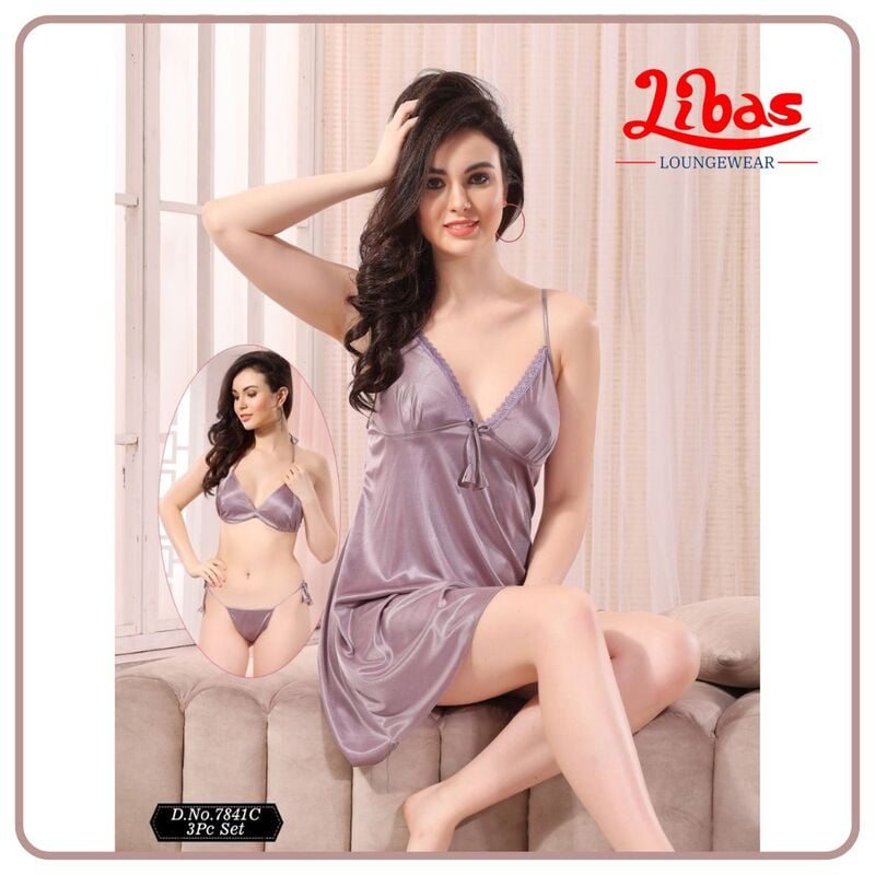 Plain Viola Colored Satin Three Piece Baby Doll Night Dress From Libas Loungewear - FCN173