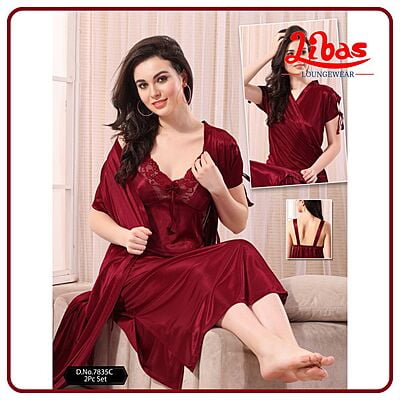 Plain Dark Maroon Satin Two Piece Fancy Nighty From Libas Loungewear - FCN191