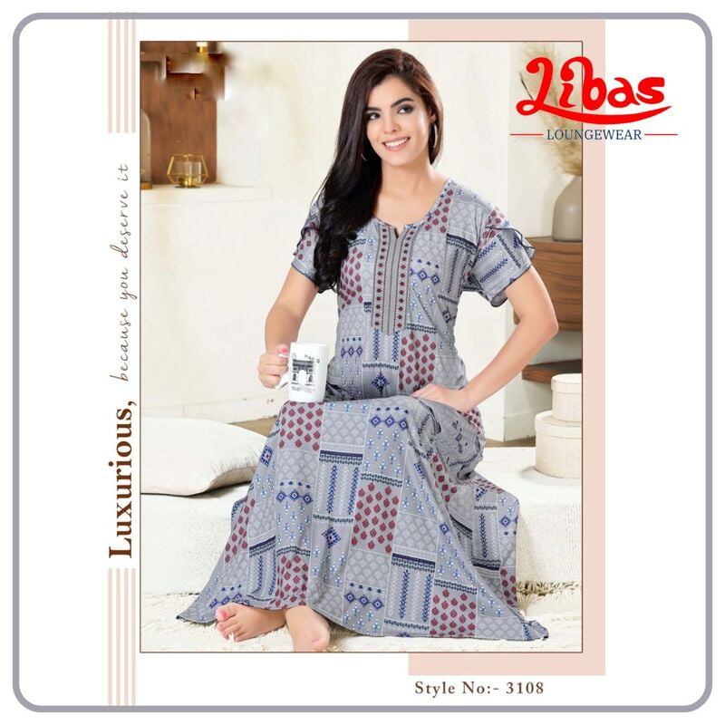 Grey Pearl Iceland Hosiery Nighty With Geometric Print All Over From Libas Loungewear - AL952 Grey Pearl Iceland Hosiery Nighty With Geometric Print All Over From Libas Loungewear - AL952