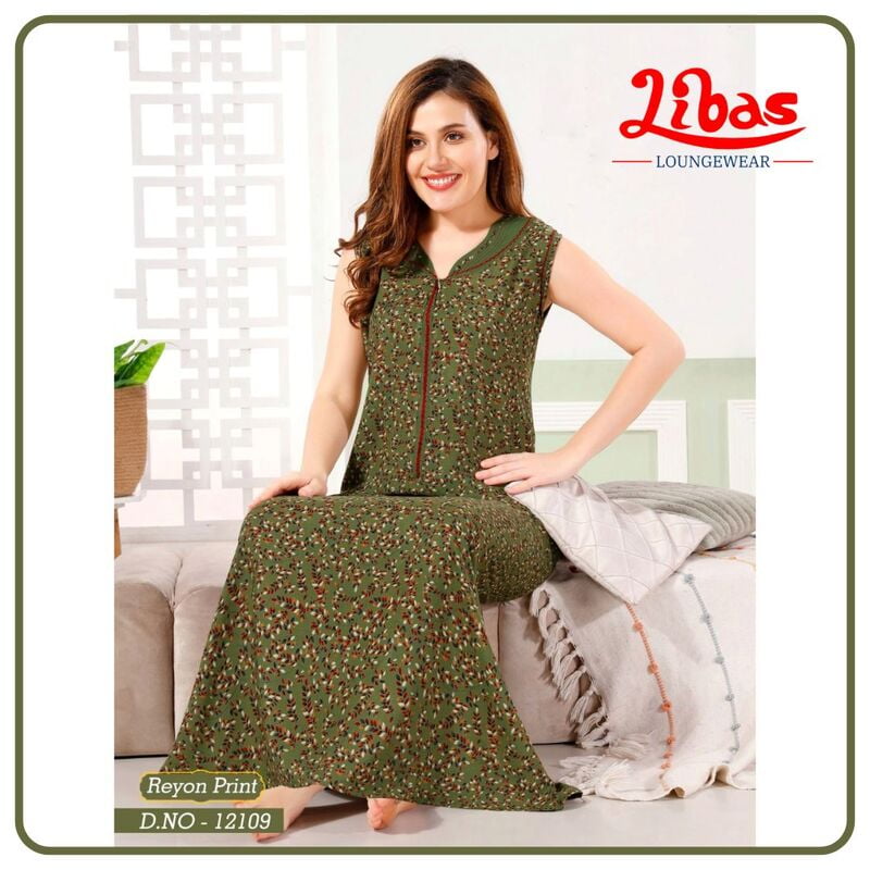 Hemlock Green Premium Rayon Sleeveless Nighty With Front Zip Closure From Libas Loungewear - SL109