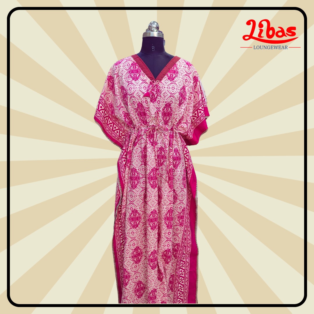 Pinky Cotton Kaftan Nighty With Floral Design From Libas Loungewear - KF377 Pinky Cotton Kaftan Nighty With Floral Design From Libas Loungewear - KF377
