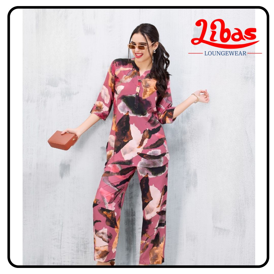 Horsy Pink Geometric Top & Bottom Hosiery Cotton Women Night Suit From Libas Loungewear - FPS144