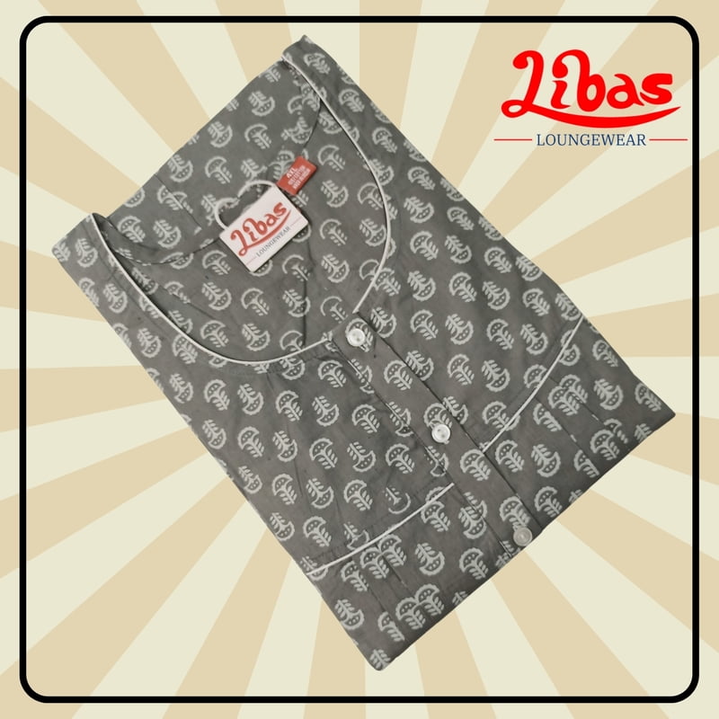 Wire Wool Grey Premium Cotton Pleated Nighty With Geometric Print From Libas Loungewear - PS470 Wire Wool Grey Premium Cotton Pleated Nighty With Geometric Print From Libas Loungewear - PS470