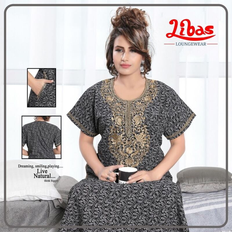 Grey & Black Soft Cotton Embroidery Nighty With Self Print All Over From Libas Loungewear - EN078