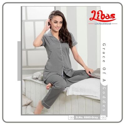 Plain Gray Hosiery Plus Women Collar Night Suit From Libas Loungewear - FPS086