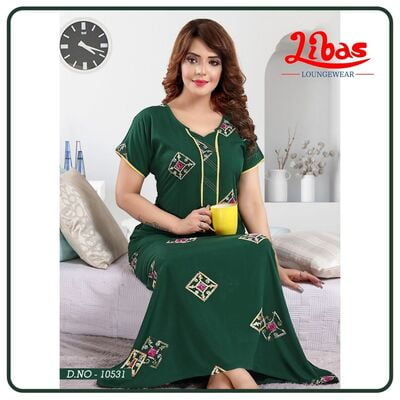 Sherwood Green Premium Rayon Embroidery Nighty With Geometric Print From Libas Loungewear - AL606