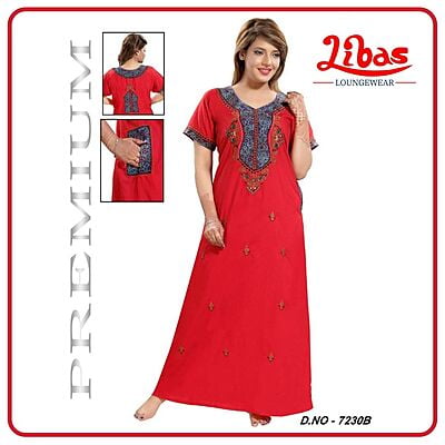 Plain Alizarin Red Bizi Lizi Nighty With Heavy Embroidery Work From Libas Loungewear - PS419