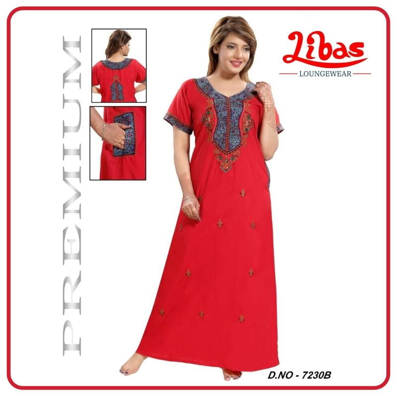 Plain Alizarin Red Bizi Lizi Nighty With Heavy Embroidery Work From Libas Loungewear - PS419 Plain Alizarin Red Bizi Lizi Nighty With Heavy Embroidery Work From Libas Loungewear - PS419