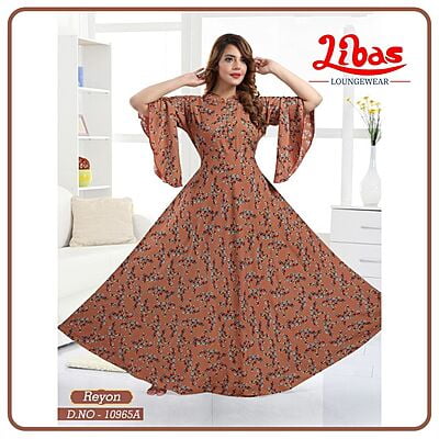 Sepia Premium Rayon Anarkali Gown With Geometric Print All Over From Libas Loungewear - AN050