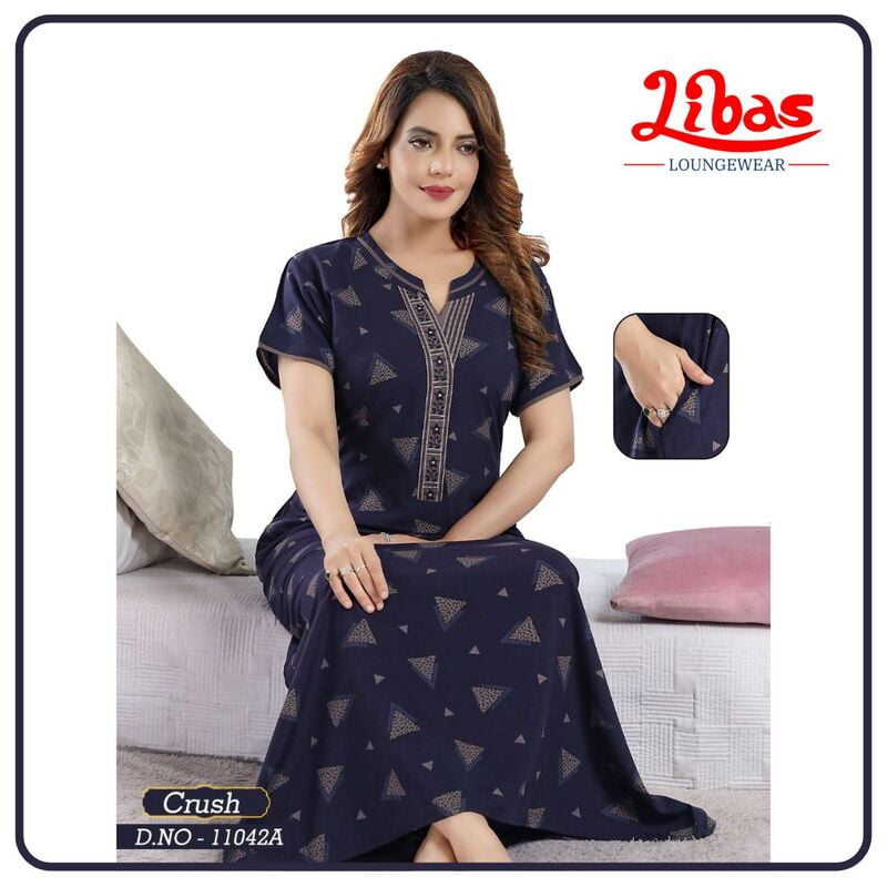 Navy Blue Crush Cotton Nighty With Triangle Print All Over From Libas Loungewear - PS446